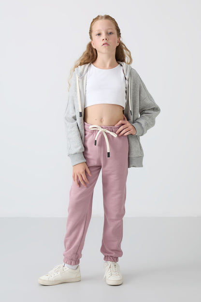 Dried Rose Cotton Lined with Fleece Soft Textured Standard Fit Embroidered Girls' Tracksuit Bottom - 75158