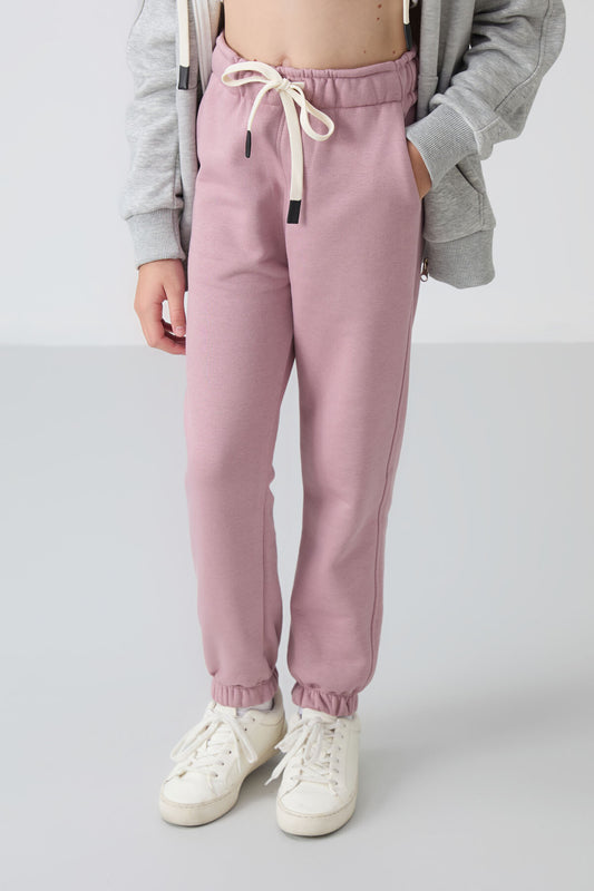 Dried Rose Cotton Lined with Fleece Soft Textured Standard Fit Embroidered Girls' Tracksuit Bottom - 75158