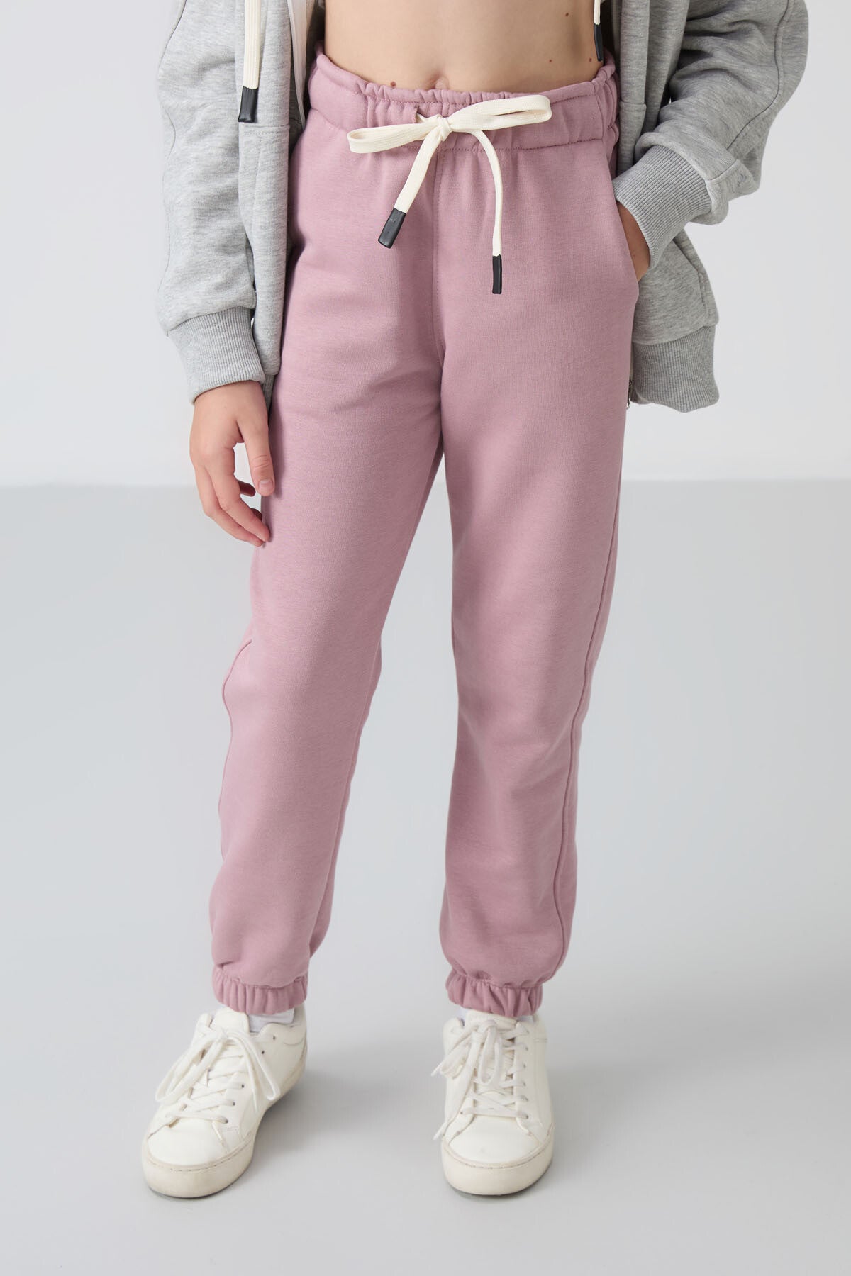Dried Rose Cotton Lined with Fleece Soft Textured Standard Fit Embroidered Girls' Tracksuit Bottom - 75158