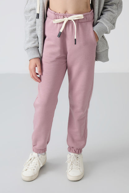 Dried Rose Cotton Lined with Fleece Soft Textured Standard Fit Embroidered Girls' Tracksuit Bottom - 75158