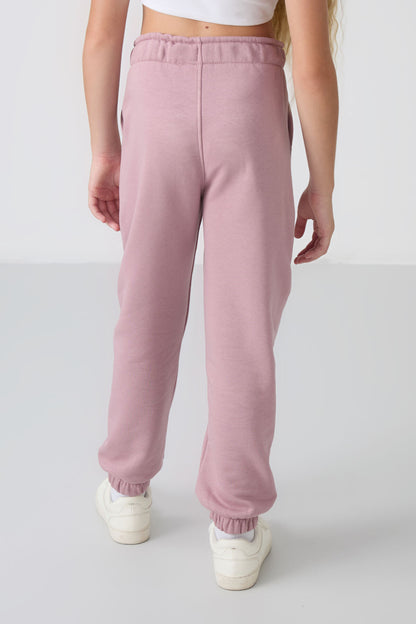Dried Rose Cotton Lined with Fleece Soft Textured Standard Fit Embroidered Girls' Tracksuit Bottom - 75158