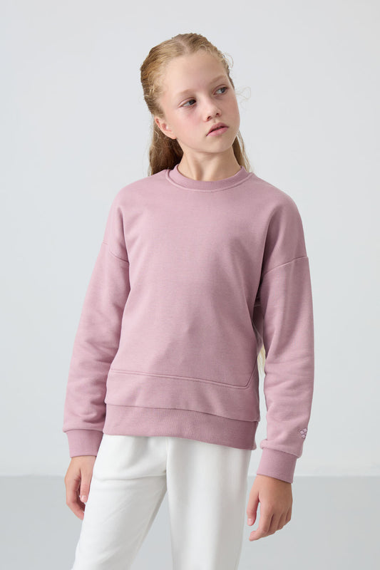 Dried Rose Cotton Lined Fleece Soft Textured Oversize Embroidered Girl Sweatshirt - 75150