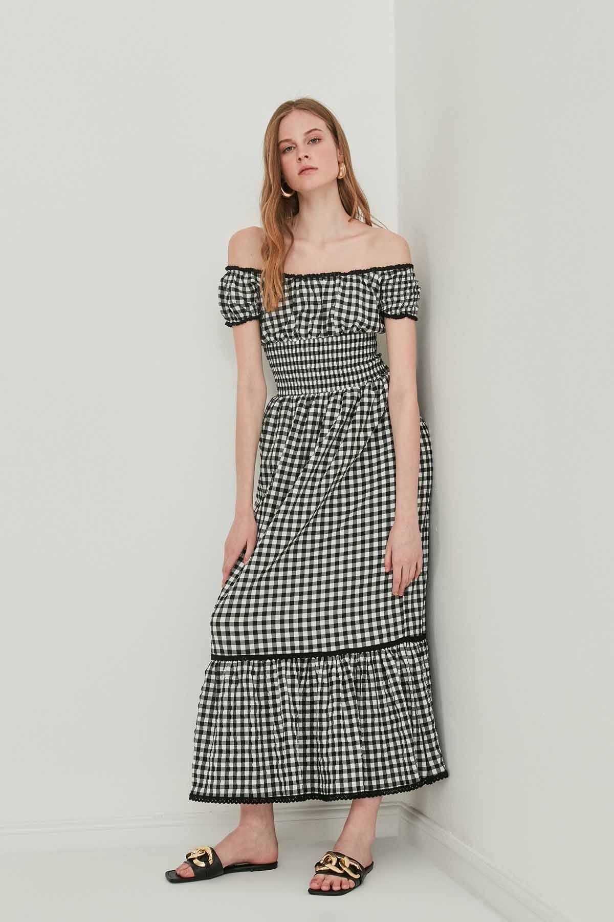 LACE STRIP DETAILED LONG COUNTRY DRESS