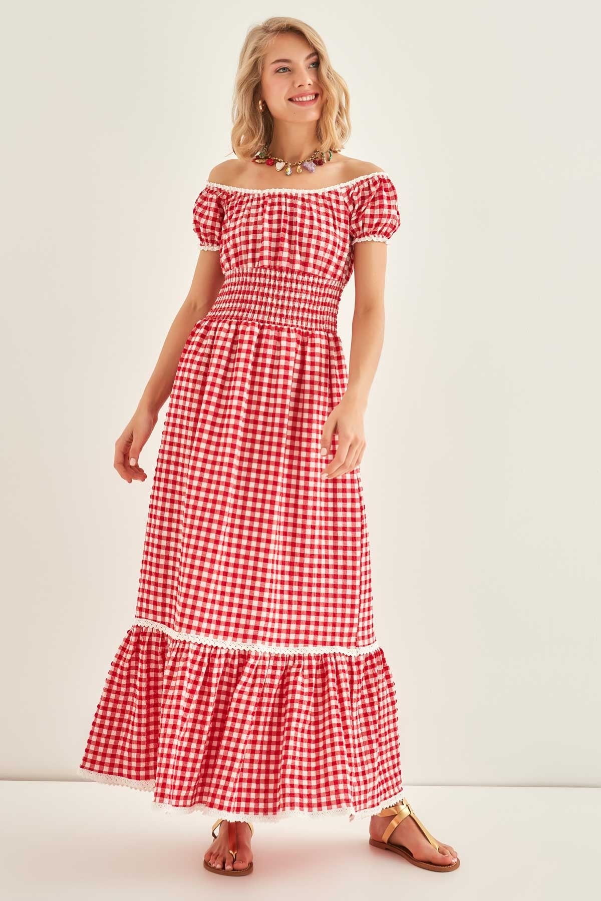 LACE STRIP DETAILED LONG COUNTRY DRESS