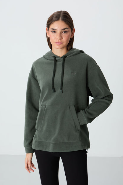 Thick Soft Textured Hooded Oversize Embroidered Fleece Women's Sweatshirt - 97292