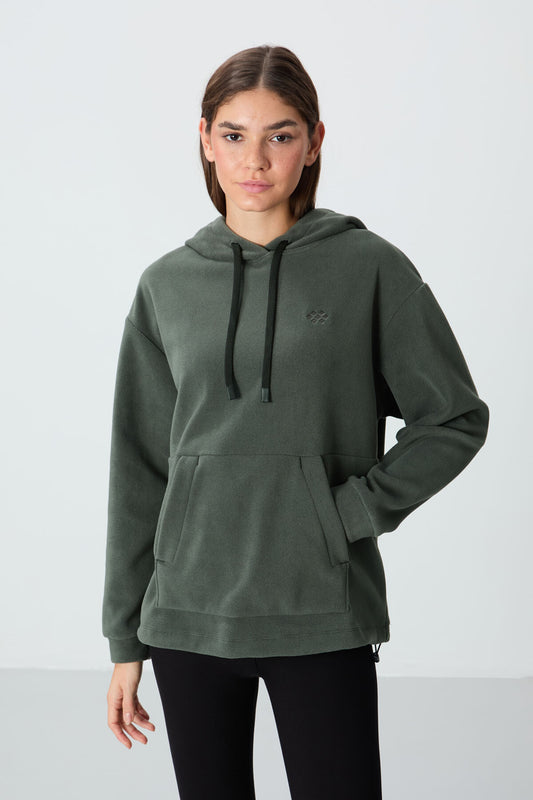 Thick Soft Textured Hooded Oversize Embroidered Fleece Women's Sweatshirt - 97292