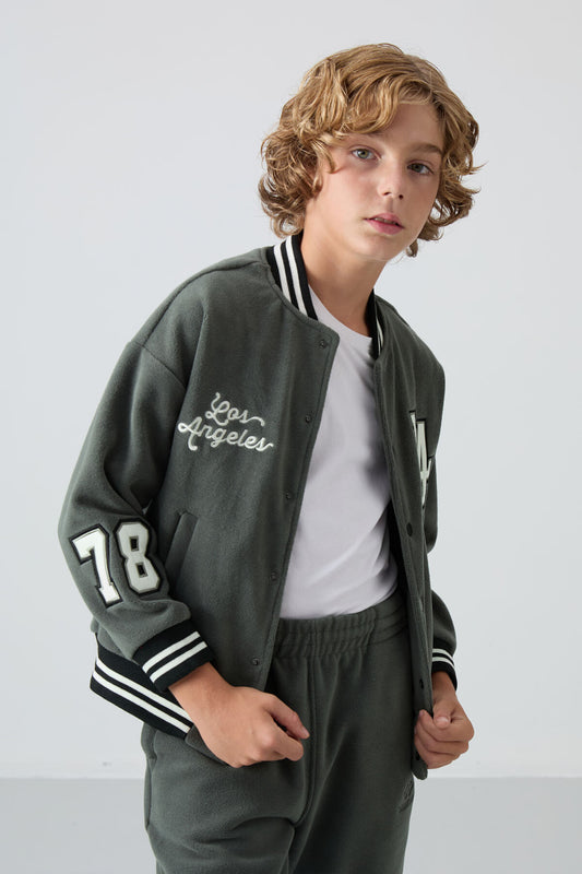 Thick Right Soft Textured Standard Fit Embroidered Fleece Boys' College Jacket - 11227