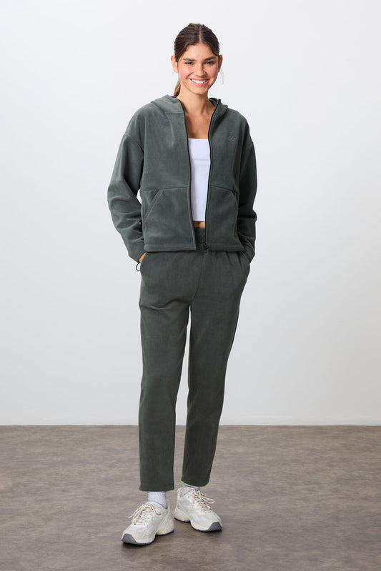 Thick Soft Textured Hooded Oversize Embroidered Fleece Women's Tracksuit Set -95338