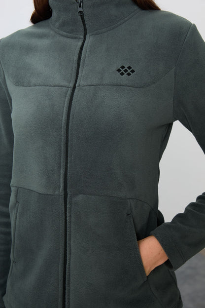 Thick Right Soft Textured Stand Collar Oversize Embroidered Fleece Women's Tracksuit Set -95339