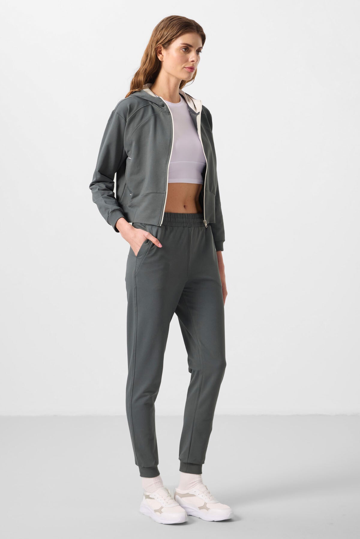 Oversize Women's Zippered Hooded Tracksuit Set - 95328