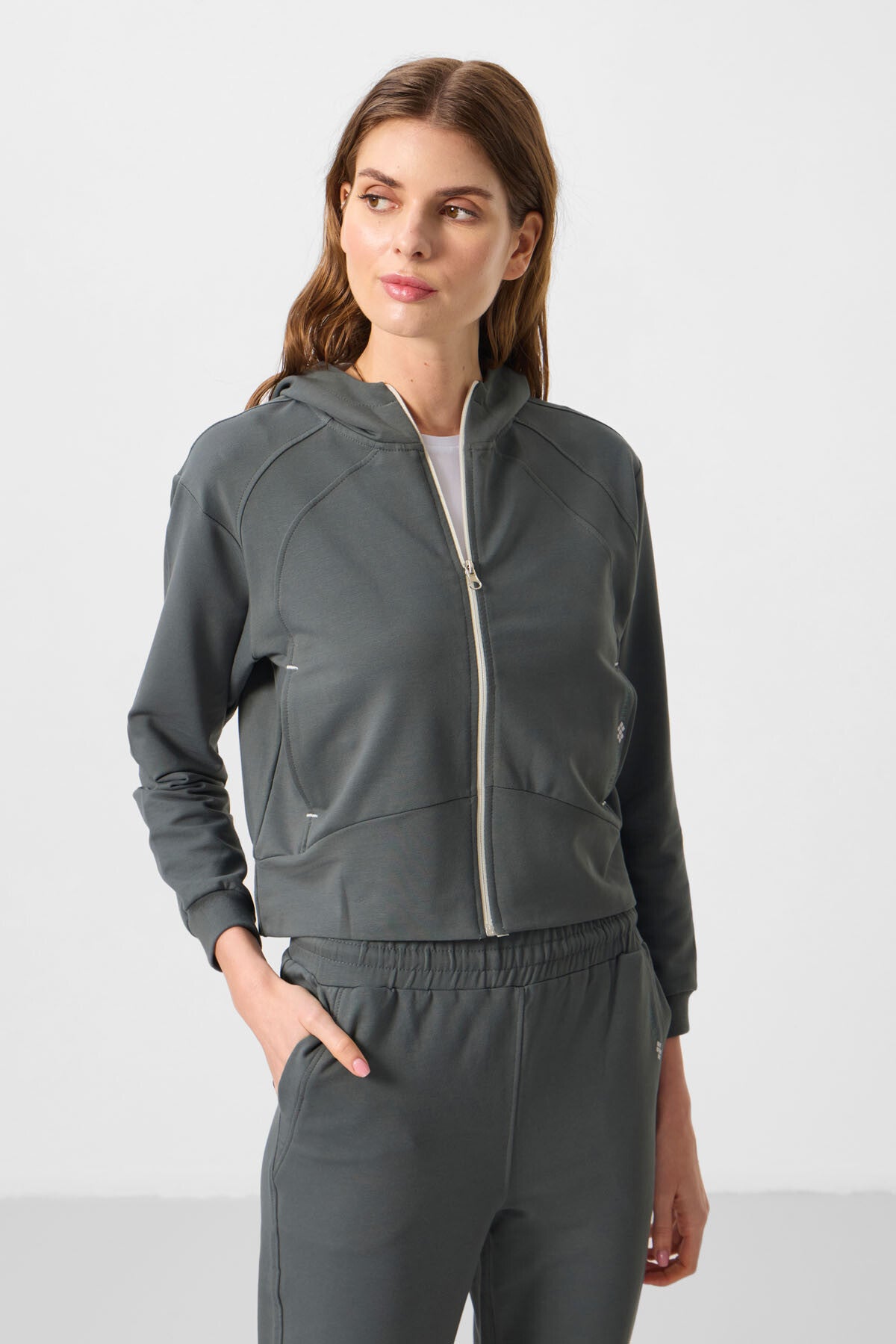 Oversize Women's Zippered Hooded Tracksuit Set - 95328