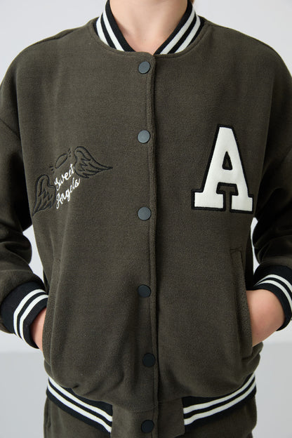 Thick Right Soft Textured Standard Fit Embroidered Fleece Girls' College Jacket - 75156