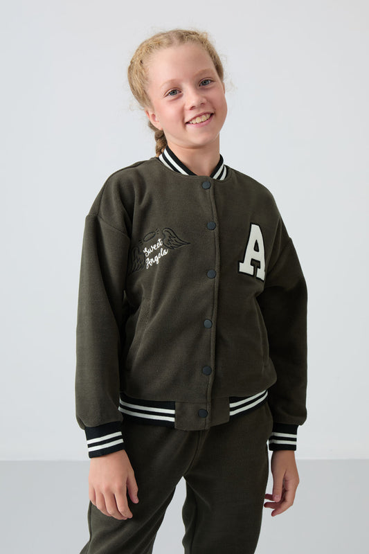 Thick Right Soft Textured Standard Fit Embroidered Fleece Girls' College Jacket - 75156