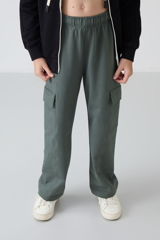 Right Leg Detailed Wide Leg Girls' Tracksuit Bottom with Cargo Pocket - 75143