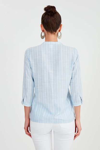 FRONT BUTTON BLOUSE WITH STRIPED JUDGE COLLAR