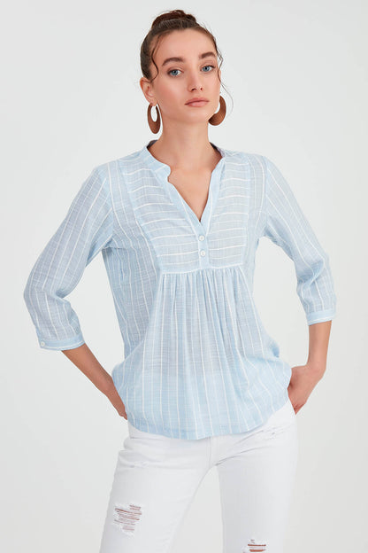 FRONT BUTTON BLOUSE WITH STRIPED JUDGE COLLAR