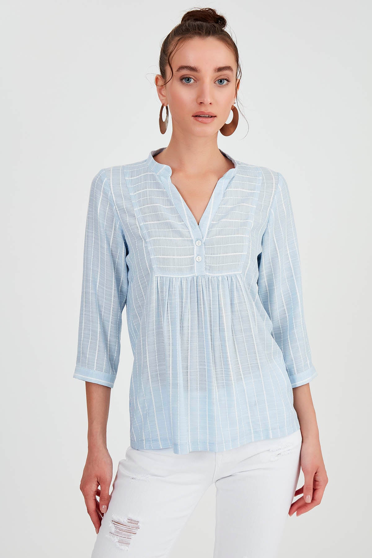 FRONT BUTTON BLOUSE WITH STRIPED JUDGE COLLAR – Trend Republic