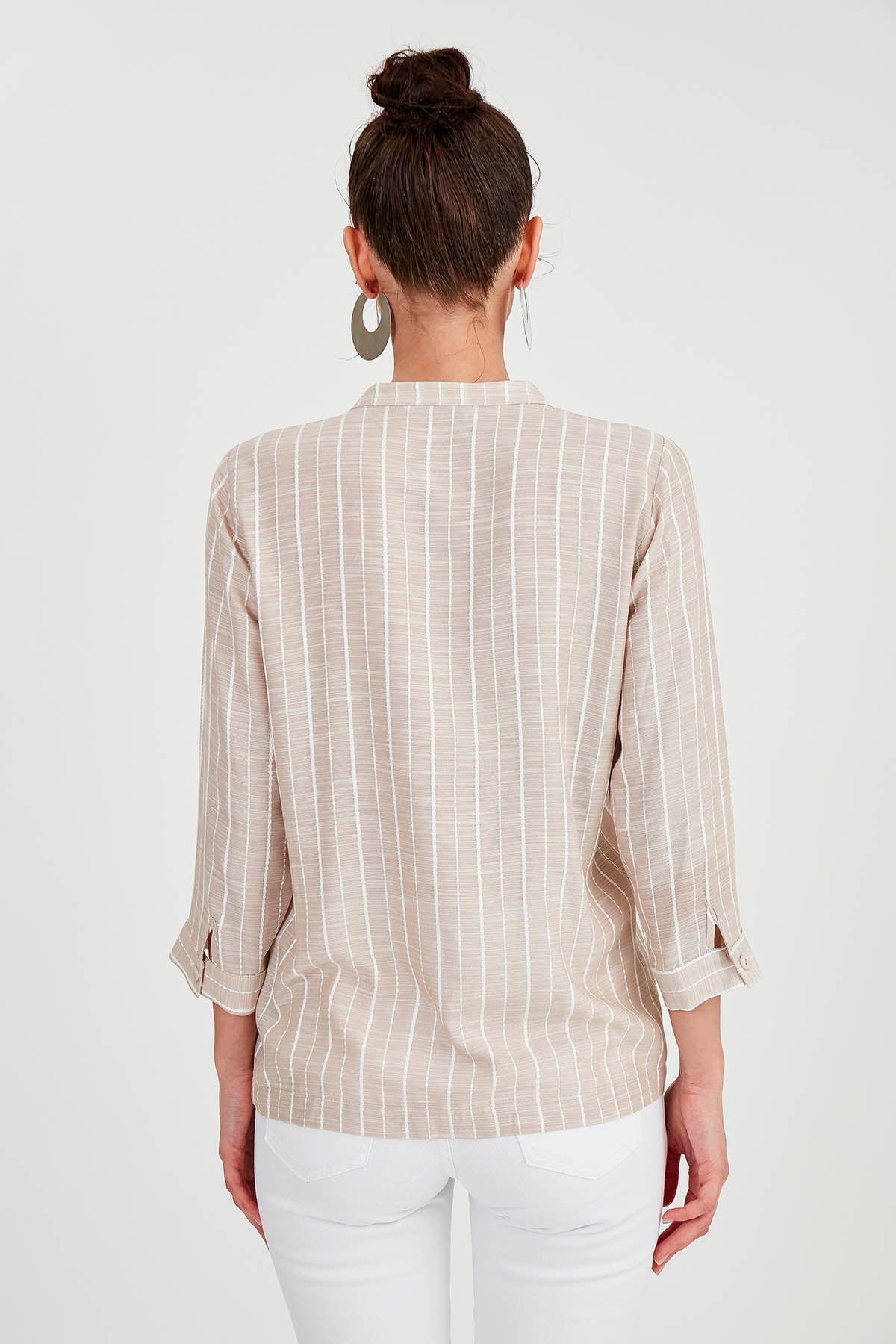 FRONT BUTTON BLOUSE WITH STRIPED JUDGE COLLAR