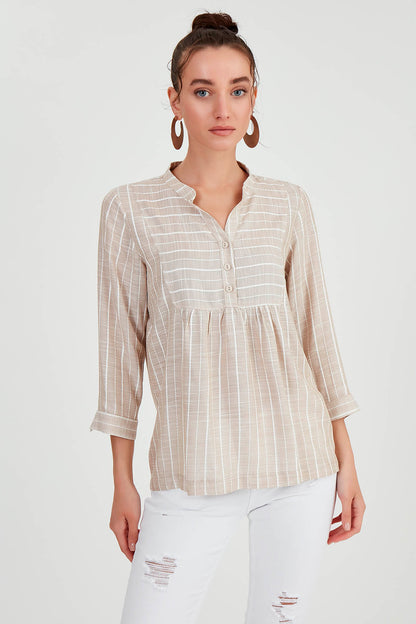 FRONT BUTTON BLOUSE WITH STRIPED JUDGE COLLAR