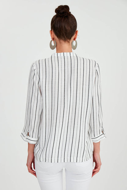 FRONT BUTTON BLOUSE WITH STRIPED JUDGE COLLAR
