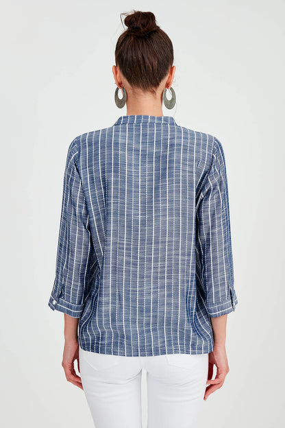 FRONT BUTTON BLOUSE WITH STRIPED JUDGE COLLAR