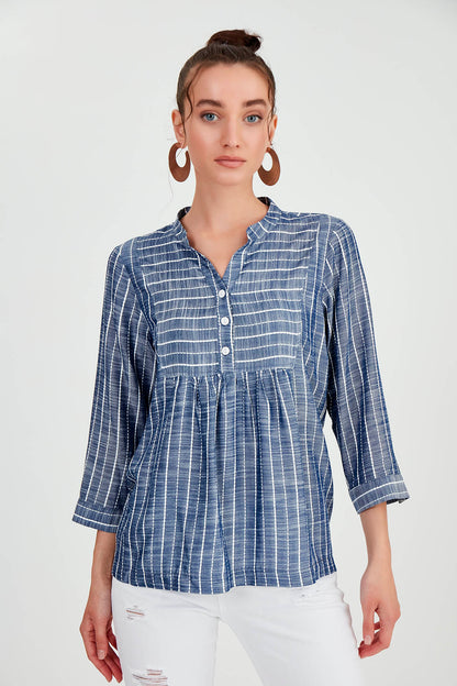FRONT BUTTON BLOUSE WITH STRIPED JUDGE COLLAR