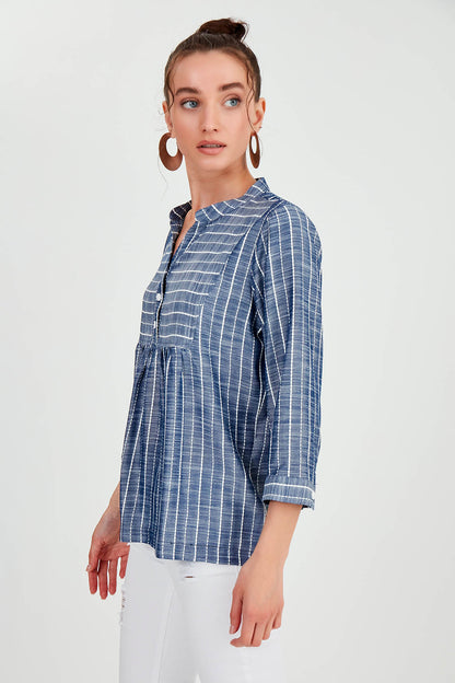 FRONT BUTTON BLOUSE WITH STRIPED JUDGE COLLAR