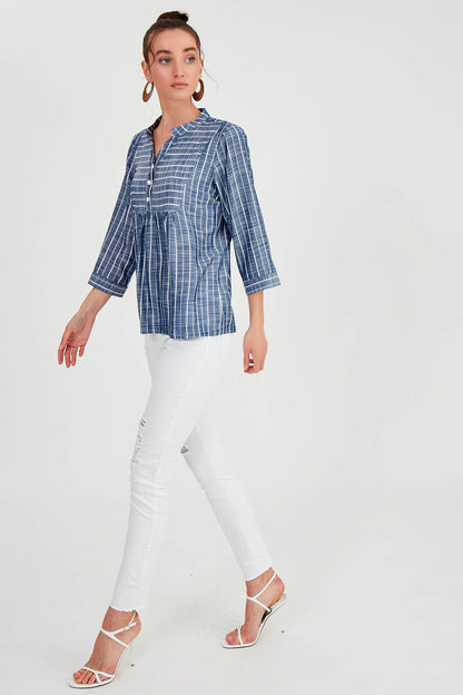 FRONT BUTTON BLOUSE WITH STRIPED JUDGE COLLAR