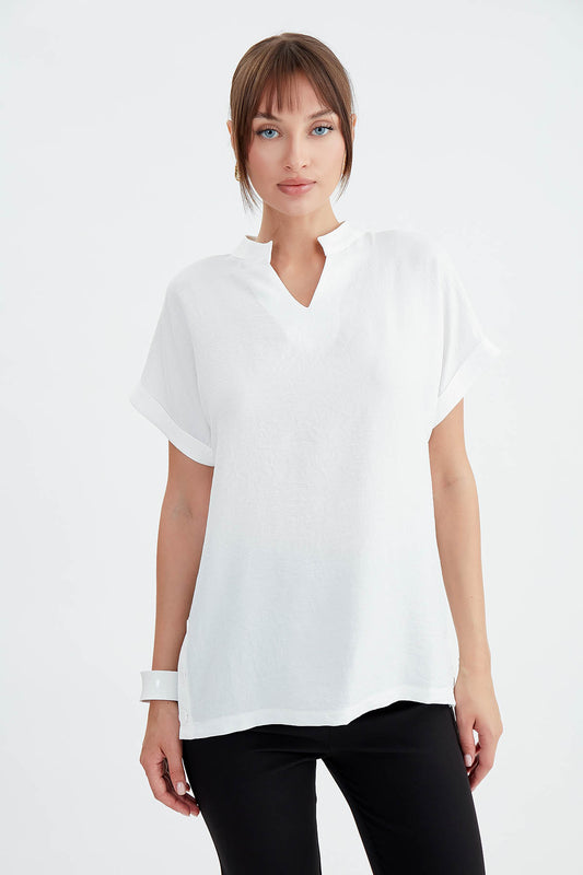 JUDGE COLLAR LOW SHOULDER BUTTONED BLOUSE
