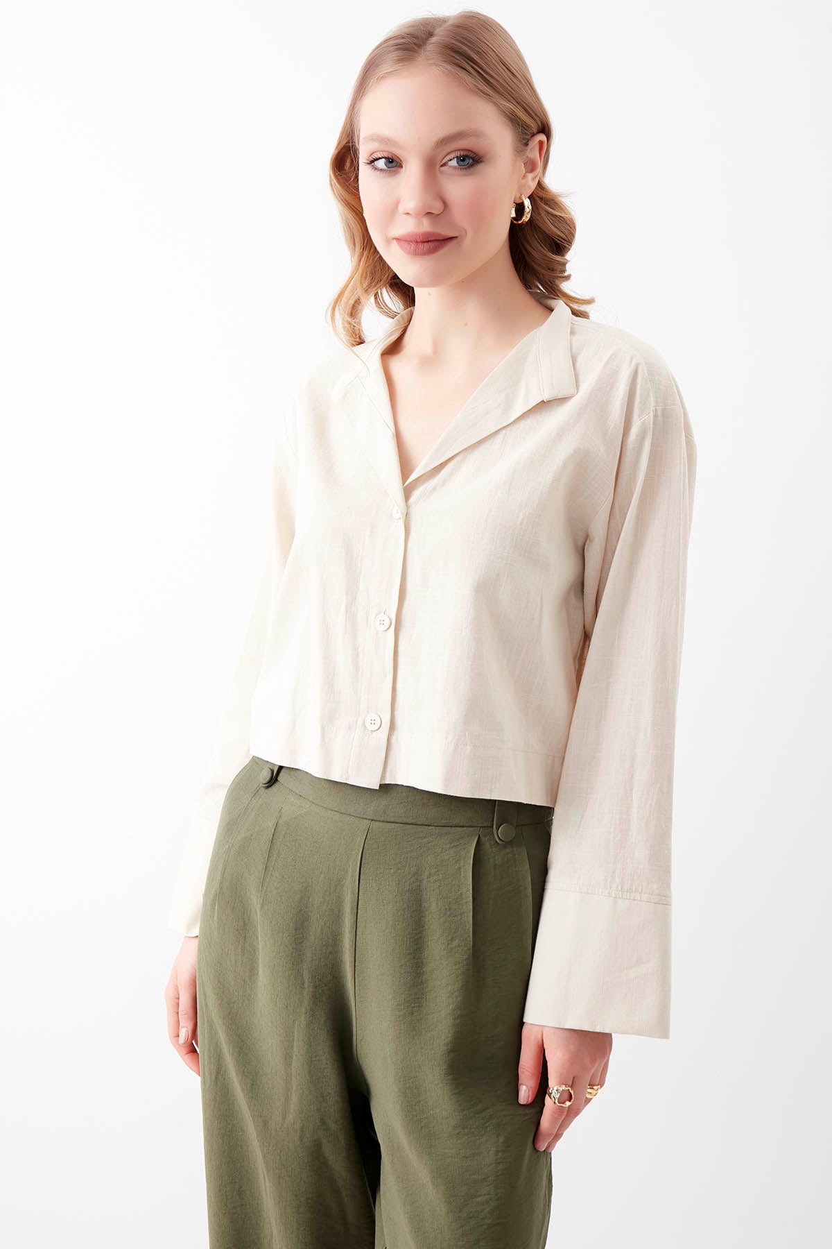 VISCOSE FLAX CROP SHIRT WITH BUTTONS