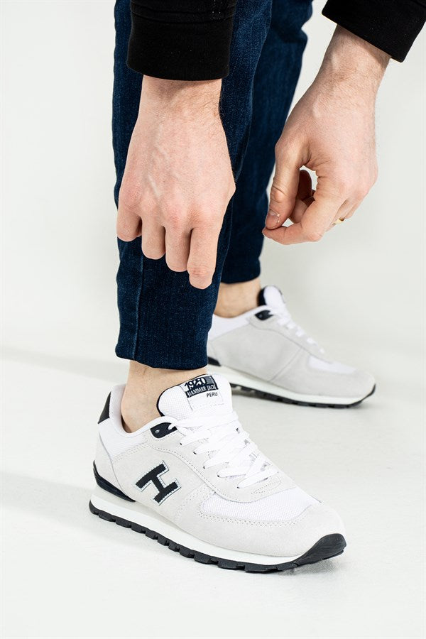 Peruvian True Leather Dirty White And Navy Men's Sports Shoes