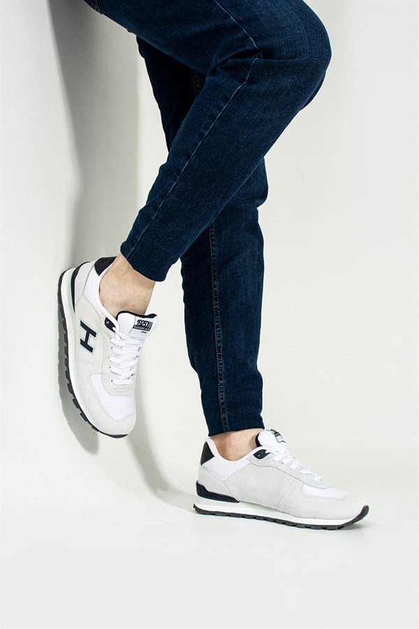 Peruvian True Leather Dirty White And Navy Men's Sports Shoes