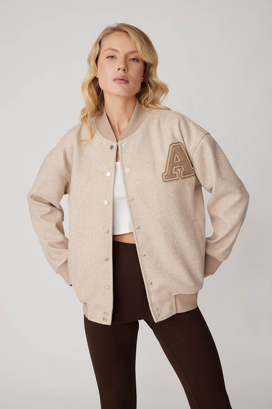 STUDS SEALED BOMBER JACKET WITH LETTER EMBROIDERY