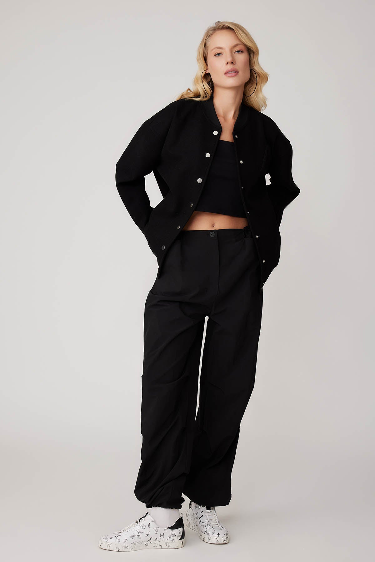 STUDS SEALED BOMBER JACKET WITH LETTER EMBROIDERY