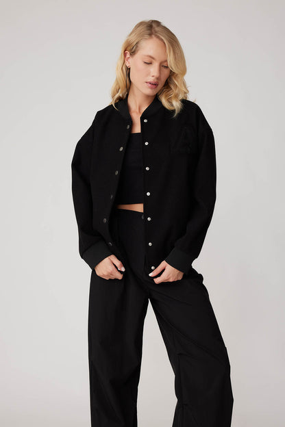 STUDS SEALED BOMBER JACKET WITH LETTER EMBROIDERY