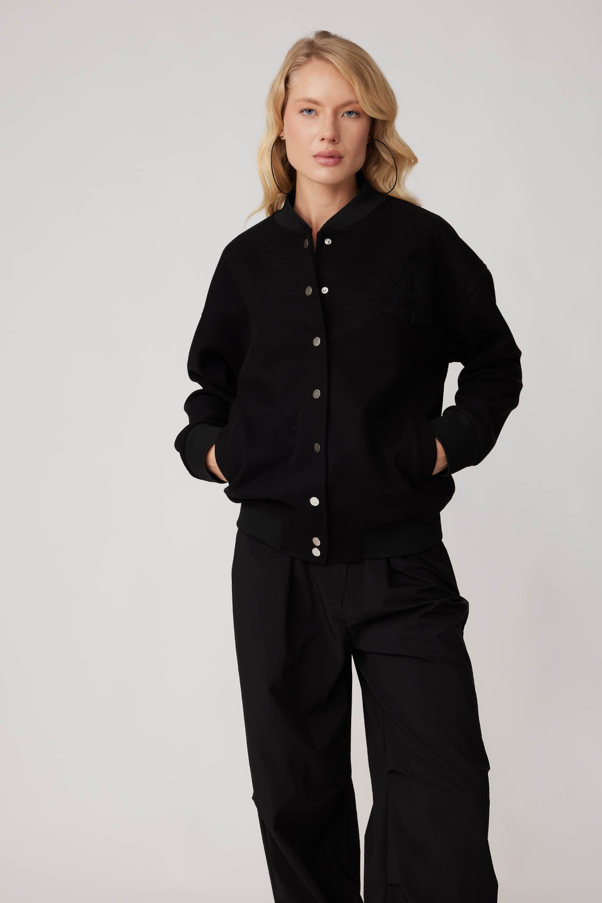 STUDS SEALED BOMBER JACKET WITH LETTER EMBROIDERY