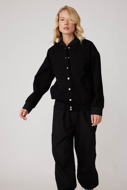 STUDS SEALED BOMBER JACKET WITH LETTER EMBROIDERY