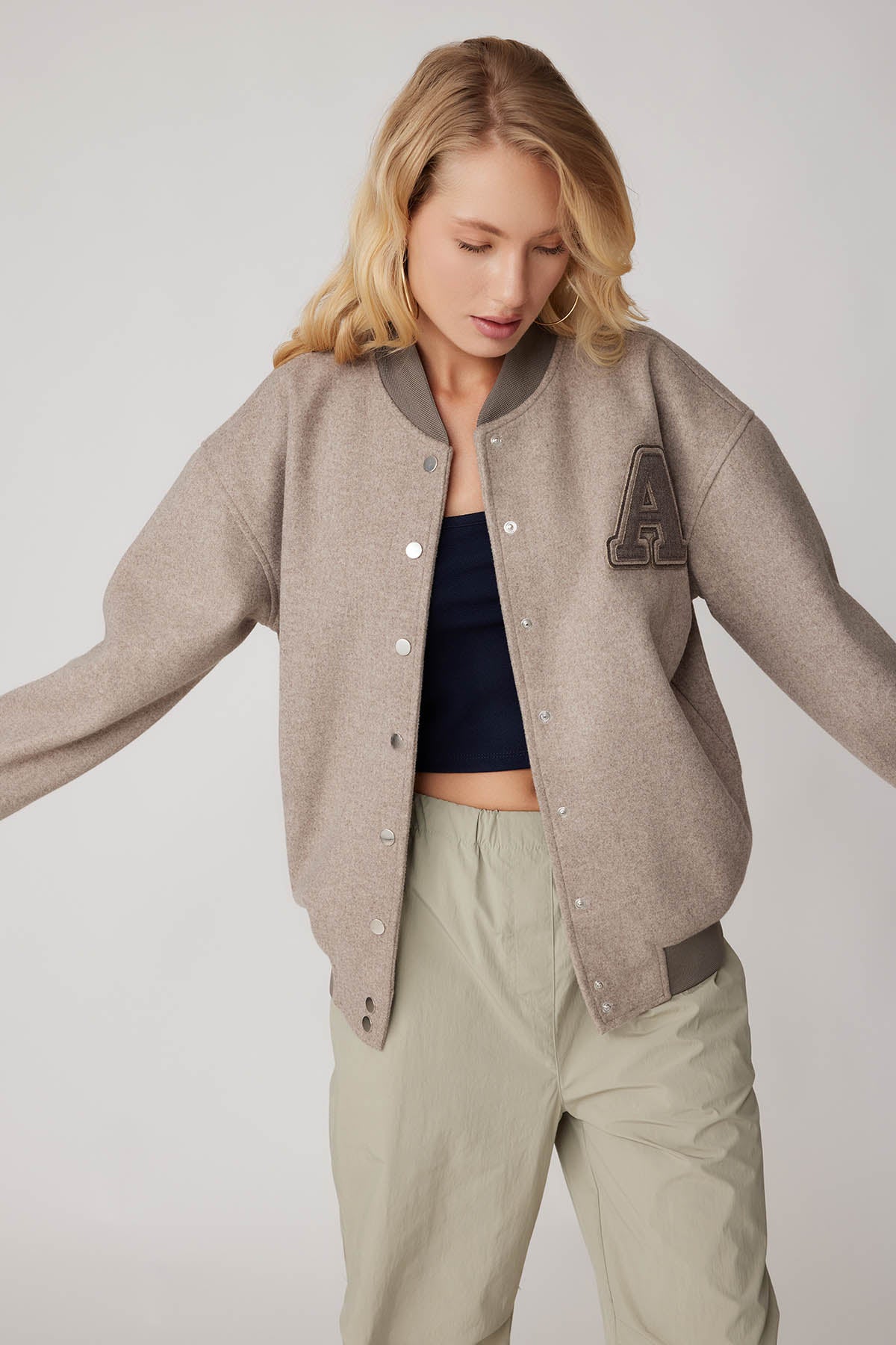 STUDS SEALED BOMBER JACKET WITH LETTER EMBROIDERY