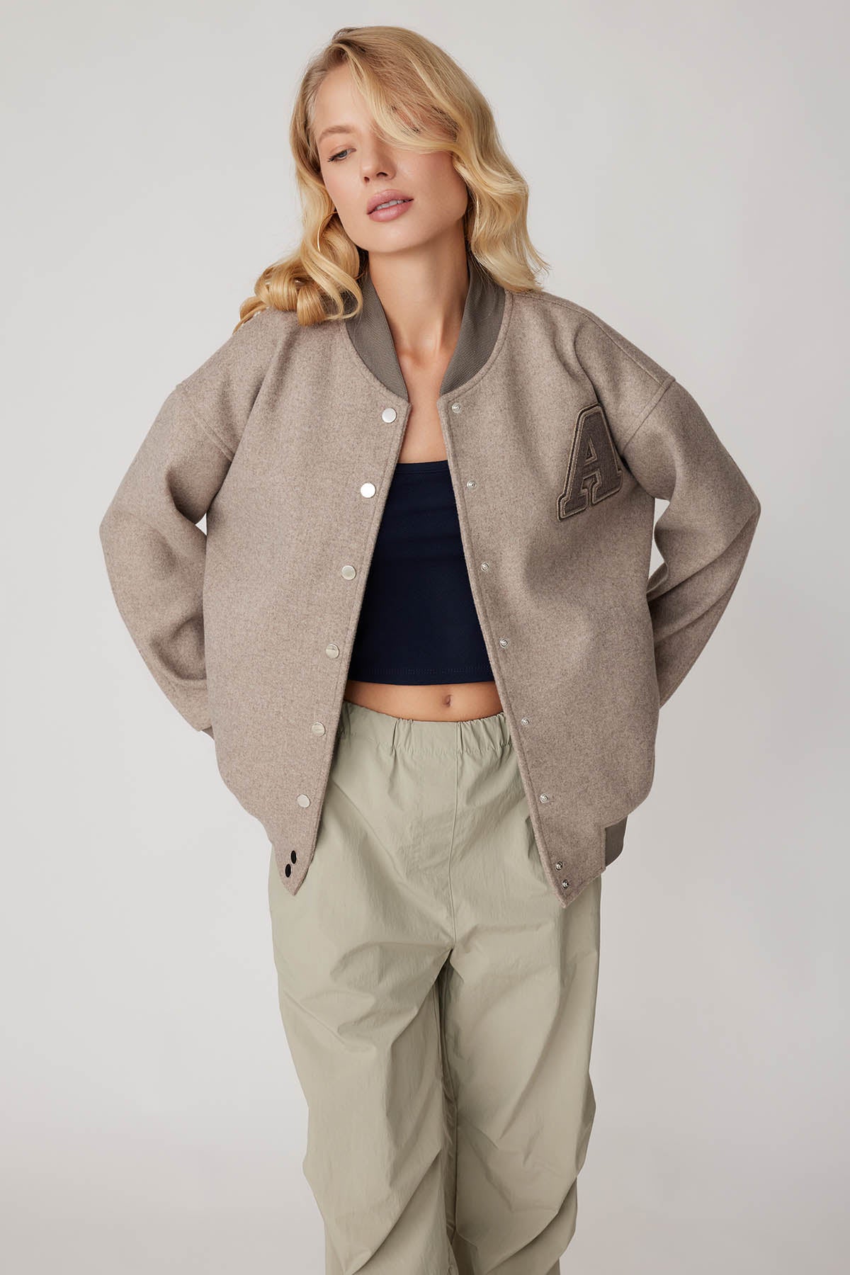 STUDS SEALED BOMBER JACKET WITH LETTER EMBROIDERY