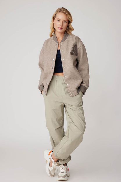 STUDS SEALED BOMBER JACKET WITH LETTER EMBROIDERY