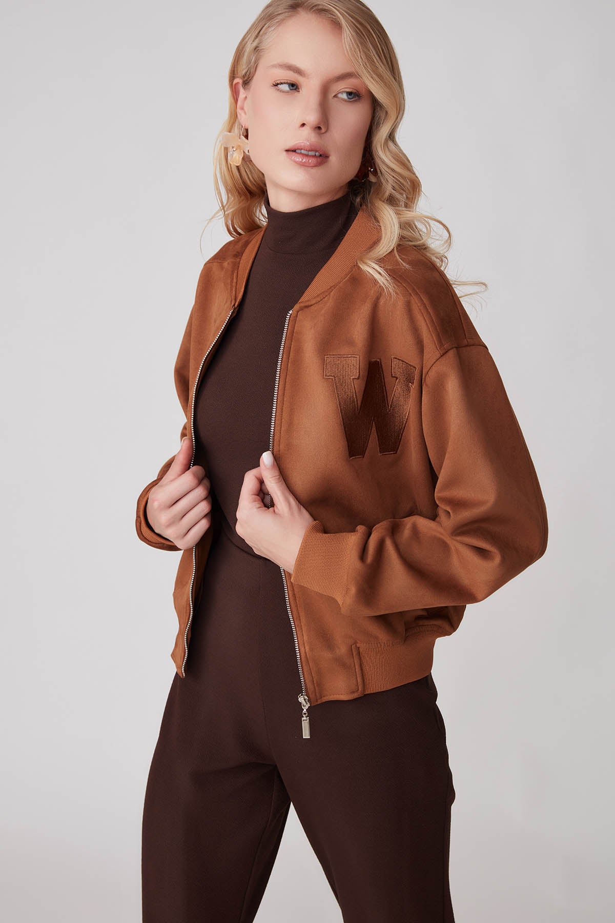 SUEDE BOMBER JACKET WITH LETTER EMBROIDERY