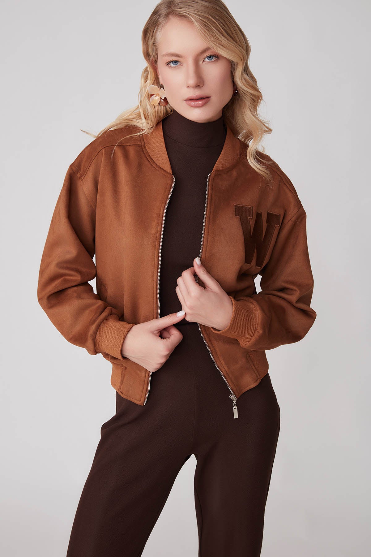SUEDE BOMBER JACKET WITH LETTER EMBROIDERY