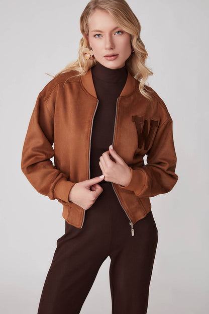 SUEDE BOMBER JACKET WITH LETTER EMBROIDERY