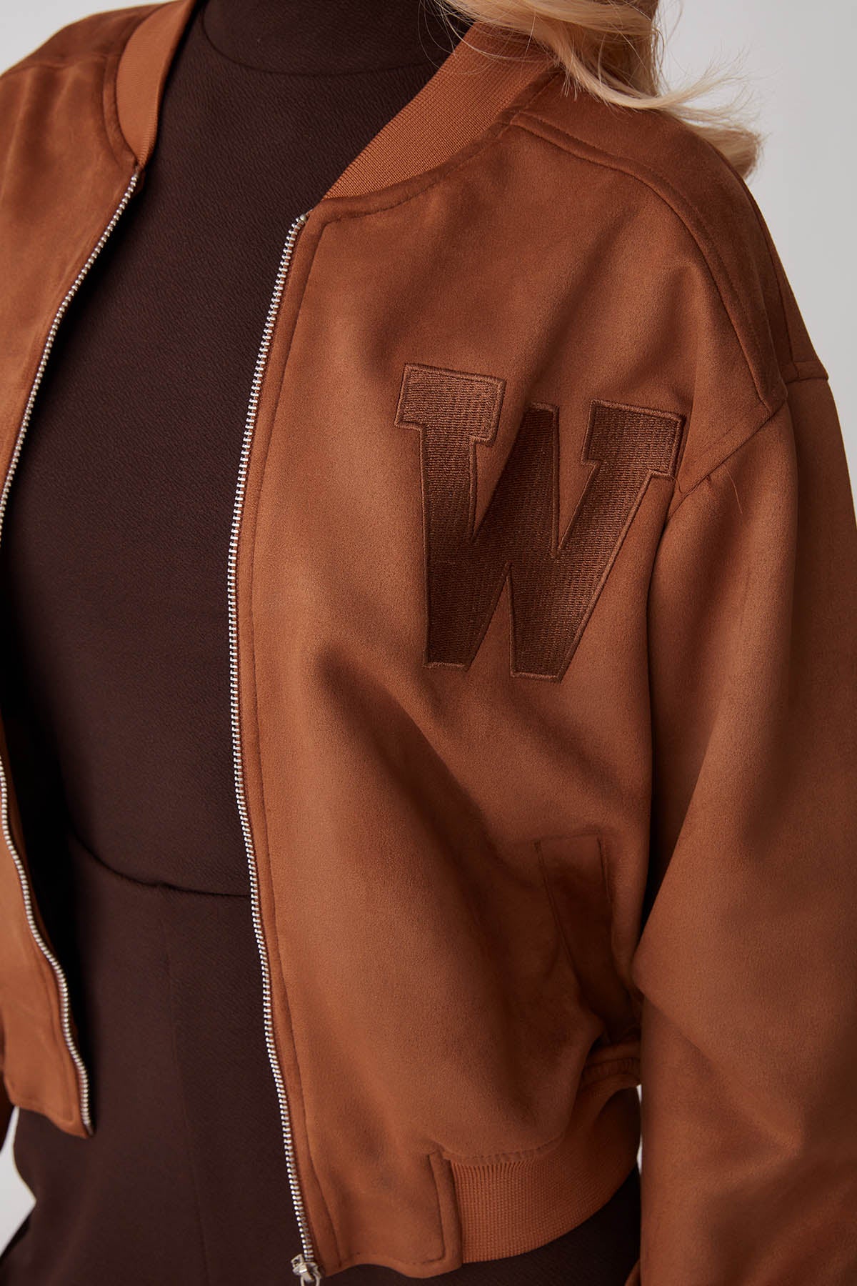 SUEDE BOMBER JACKET WITH LETTER EMBROIDERY