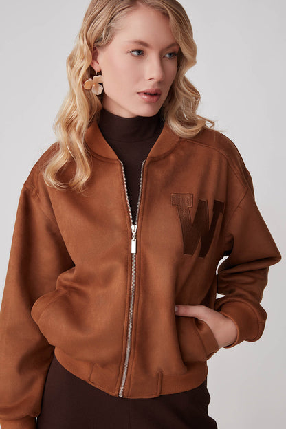 SUEDE BOMBER JACKET WITH LETTER EMBROIDERY