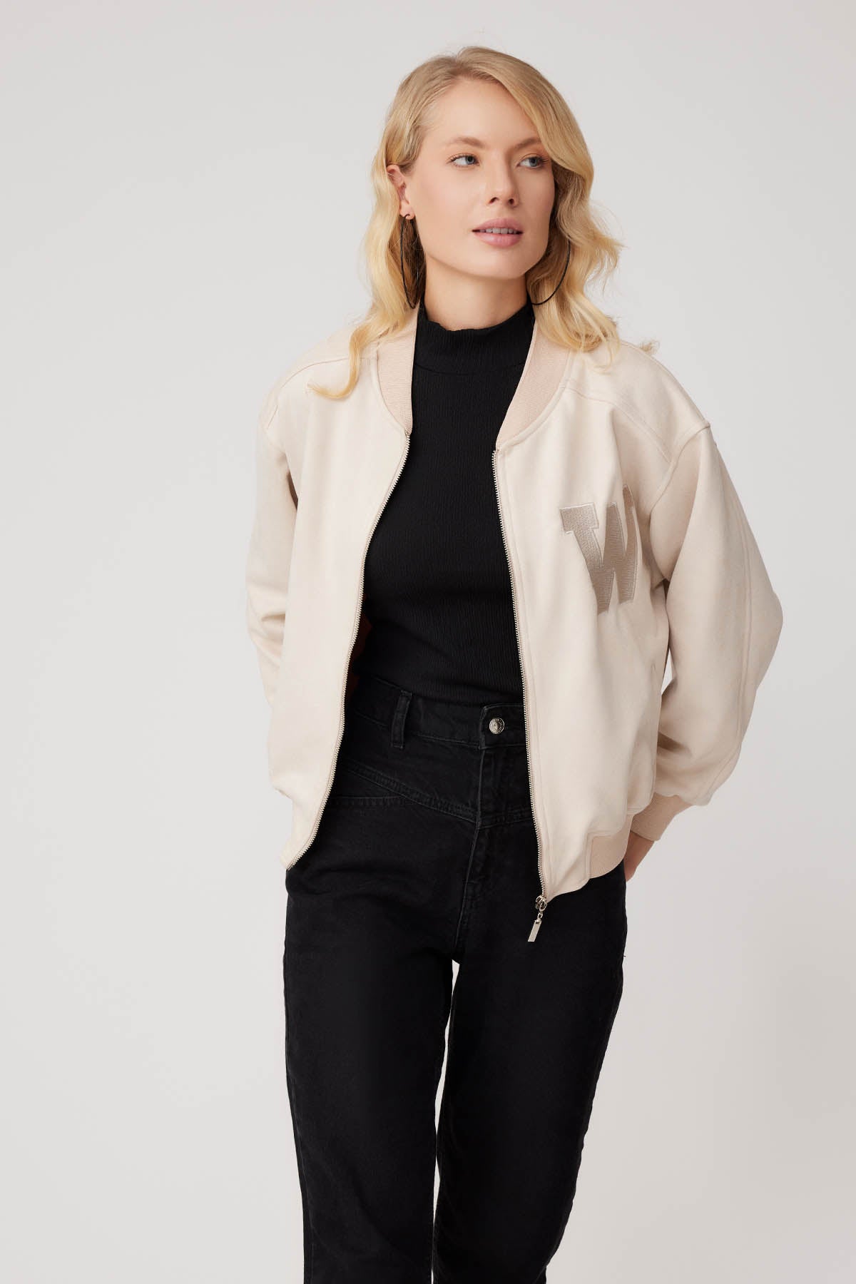 SUEDE BOMBER JACKET WITH LETTER EMBROIDERY