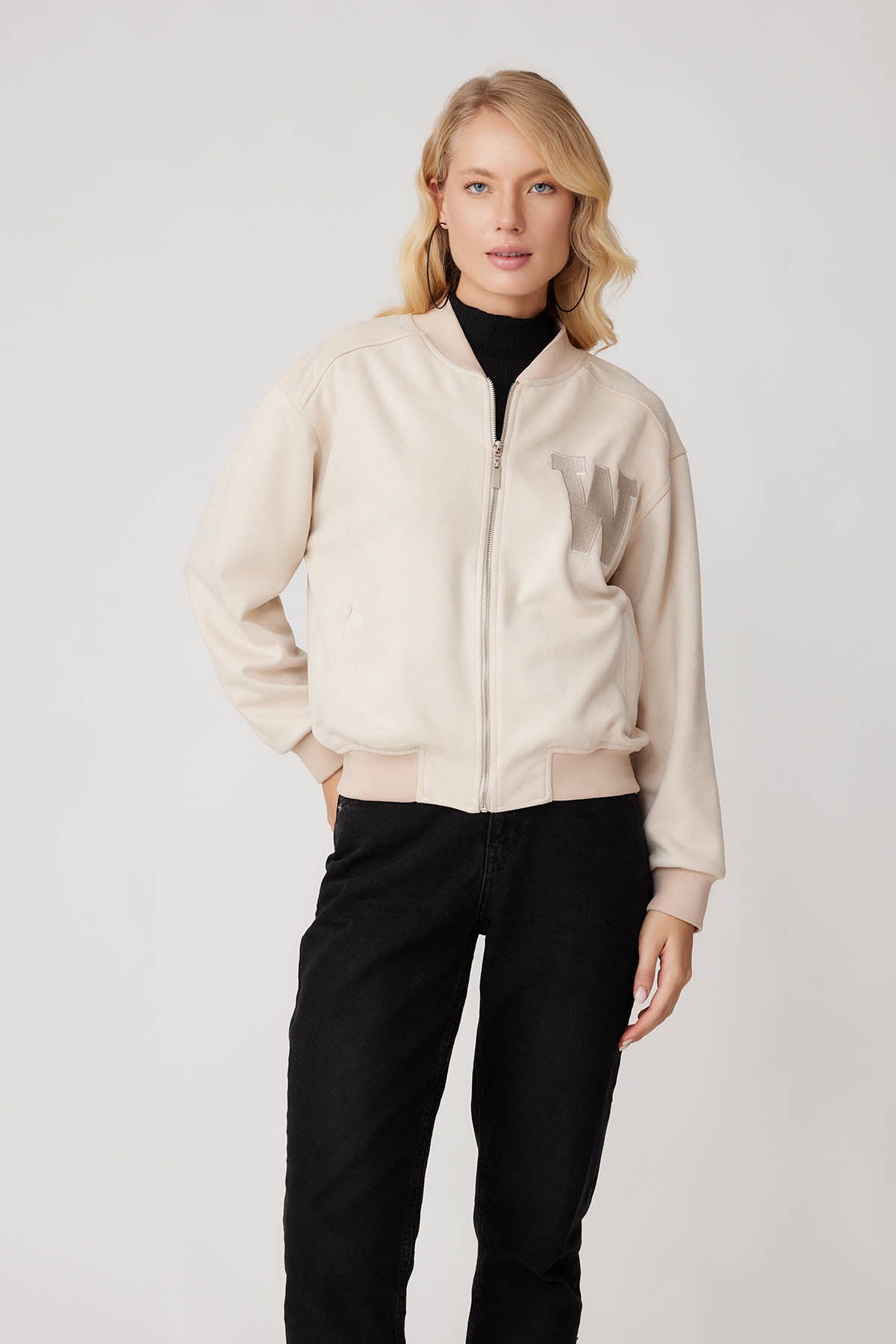 SUEDE BOMBER JACKET WITH LETTER EMBROIDERY