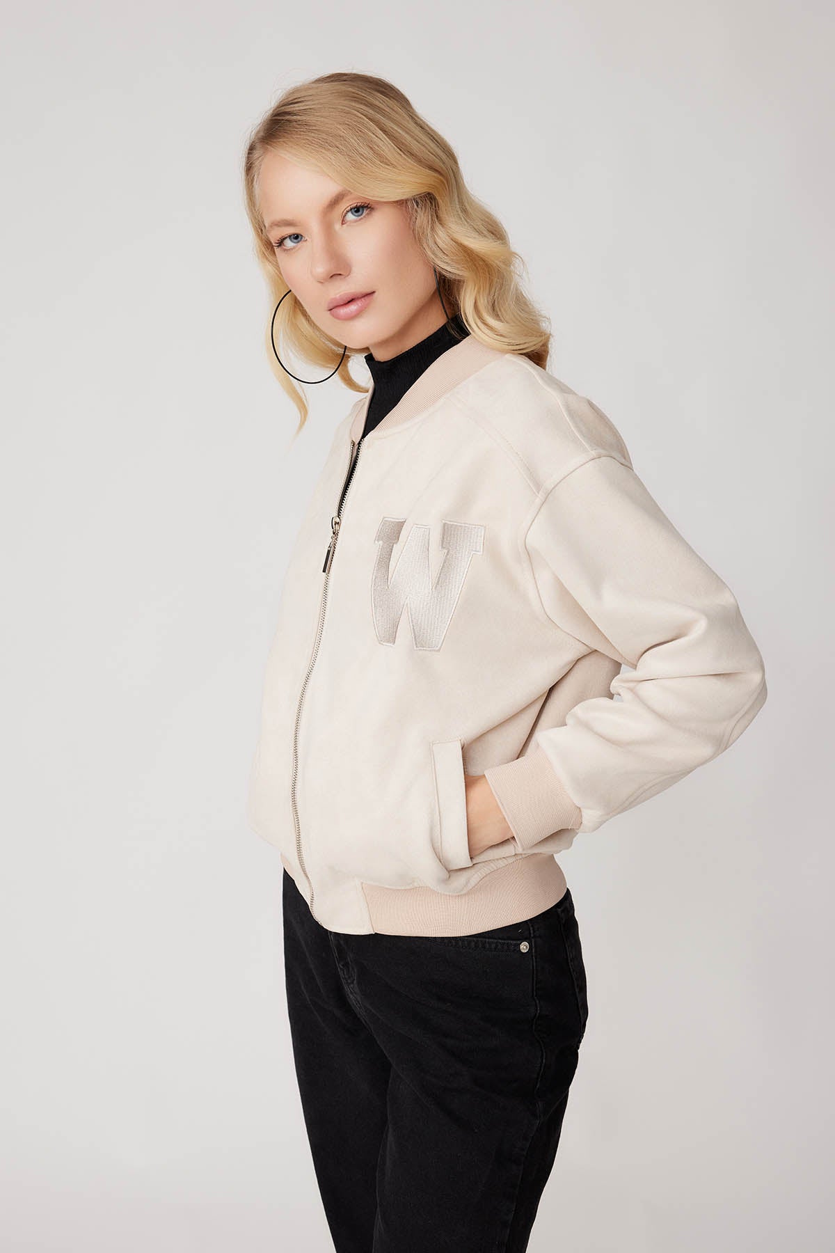 SUEDE BOMBER JACKET WITH LETTER EMBROIDERY