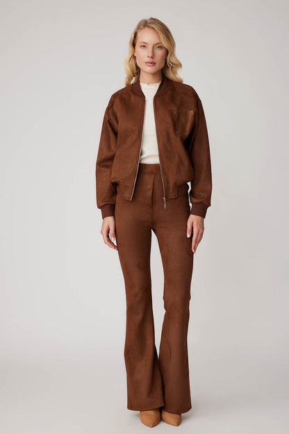 SUEDE BOMBER JACKET WITH LETTER EMBROIDERY