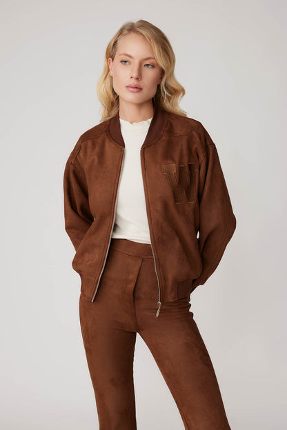 SUEDE BOMBER JACKET WITH LETTER EMBROIDERY